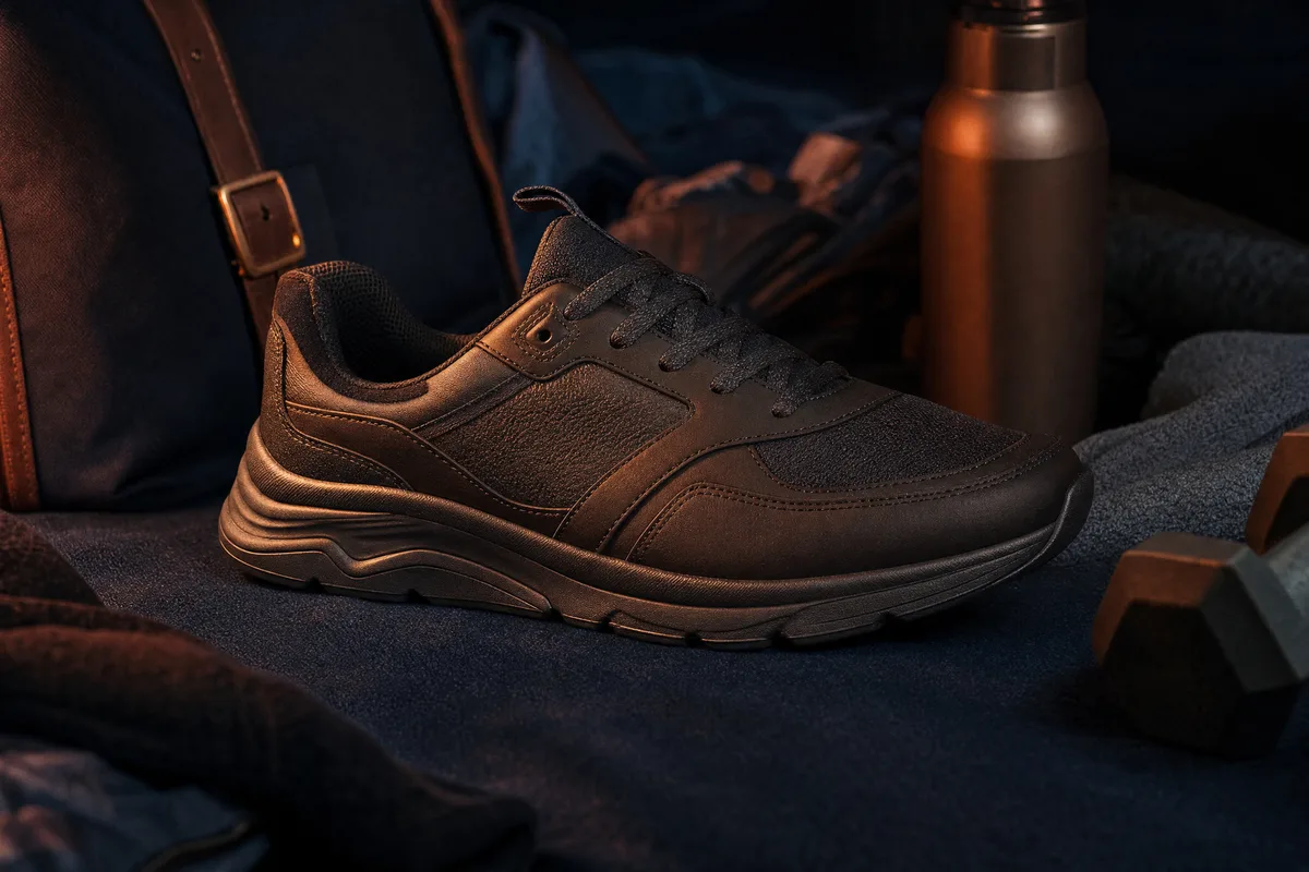 Chaussures orthopédiques homme, baskets de marche active présentées sur fond sombre avec accent terracotta