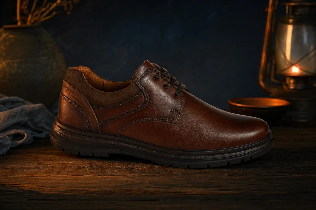 Chaussures orthopédiques homme, derbies de ville en cuir présentées sur fond sombre avec accent terracotta